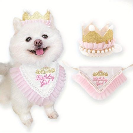 Dog Birthday Dress Crown Hat Scarf Set Dog Birthday Dress Party Dress Golden Pearl Pet Wedding Dress Girl Cat/ Mini Dog Celebration Dress Artifact