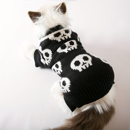 [Halloween Dog Sweater] Thermal Knit Halloween Dog Sweater with Black Skull Pattern | Machine Washable Winter & Autumn Coat for Small to Medium Dogs | Chihuahuas, Yorkies, Pomeranians, Cold Weather Pet Wear, Festive Pet Apparel, Comfortable Pet Wear, Pet