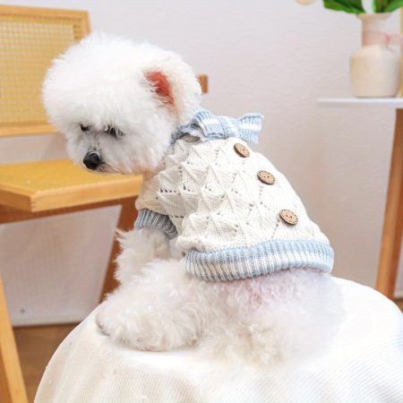 Cozy Cable-Knit Dog Sweater for Small Dogs - & Golden Button-Front Pullover with Decorative Bow, Warm Winter & Fall Pet Clothing for Pomeranians, Chihuahuas, Shih Tzus, Dog Cold Weather Gear