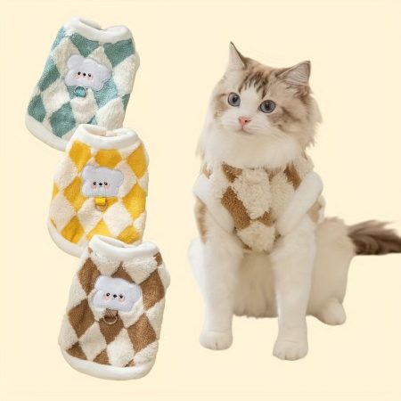 Winter & Autumn Warm Pet Sweater for Cats and Small Dogs, Polyester 100% Woven Pullover with Cute Bear Patch, Machine Washable, All-Season Comfort for Medium & Small Breeds