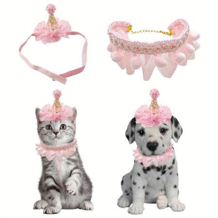 2pcs Pet Birthday Party Supplies, Birthday Hat Scarf Set for Pet Puppy Cat, Cute Lace Bandana Bib Scarf Crown Hat Princess Costume for Cats Small Dogs